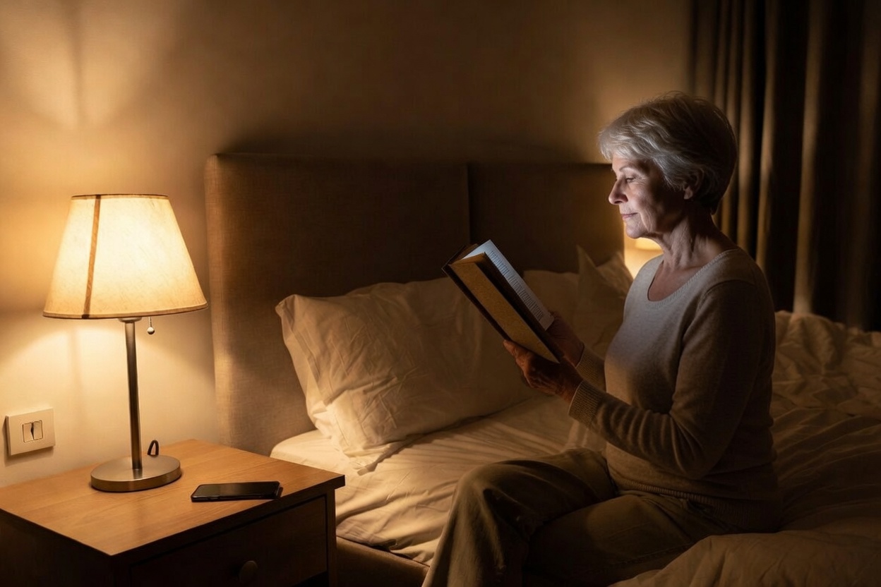 An adult in their fifties resting peacefully in a calm, dimly lit bedroom