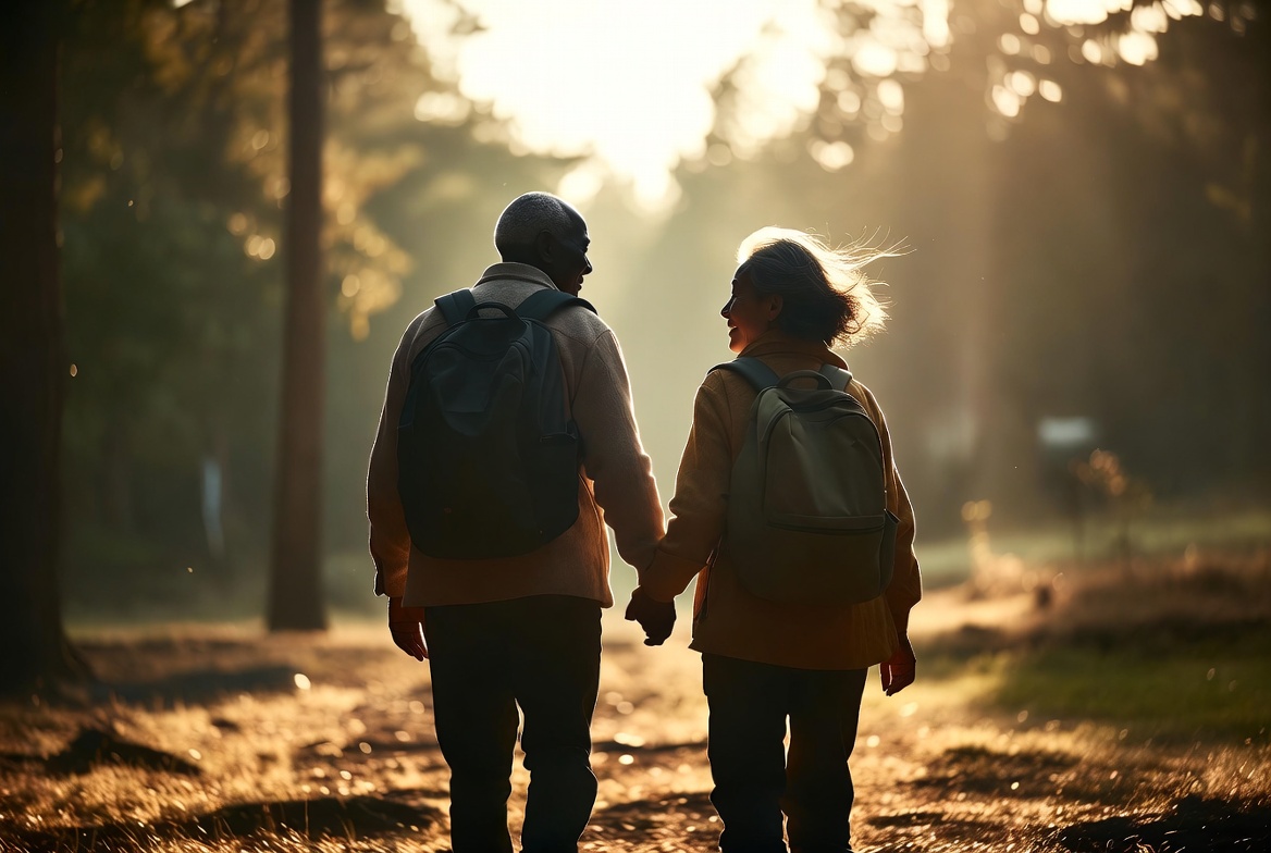 Active couple on a walk — the five domains framework makes brain health actionable